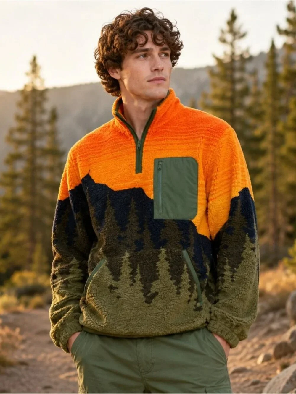 SUN + STONE Men's Terrain Sherpa Fleece Quarter Zip Sweatshirt Green/Orange S